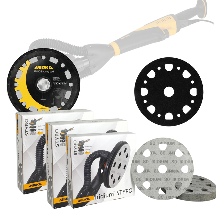 Zestaw Mirka STYRO 225 mm – nakładka, przekładka i krążki Iridium P40/60/80